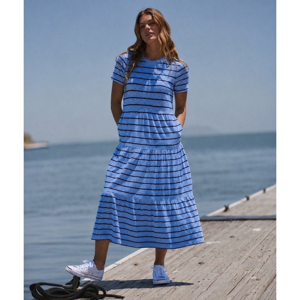 Marine Layer Sadie Vintage Slub Midi Dress XS Blue Striped Tiered Cotton